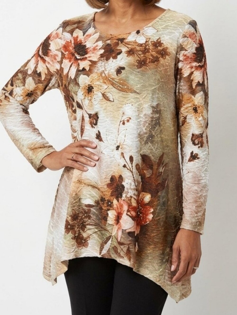 Alfred Dunner Top Stretch Floral Textured Blouse 3/4 Slv Asymmetric Hem Sz M